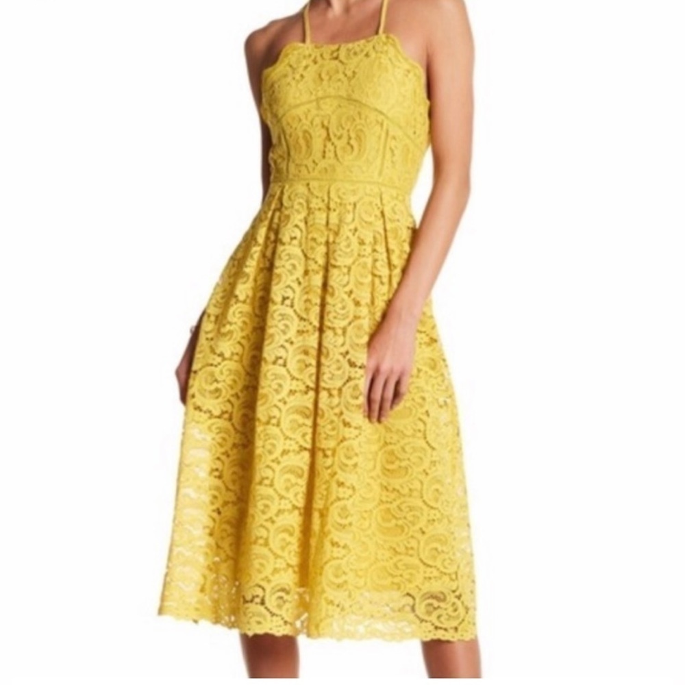 J.O.A. Golden Yellow Lace backless halter midi dress S - Picture 8 of 9